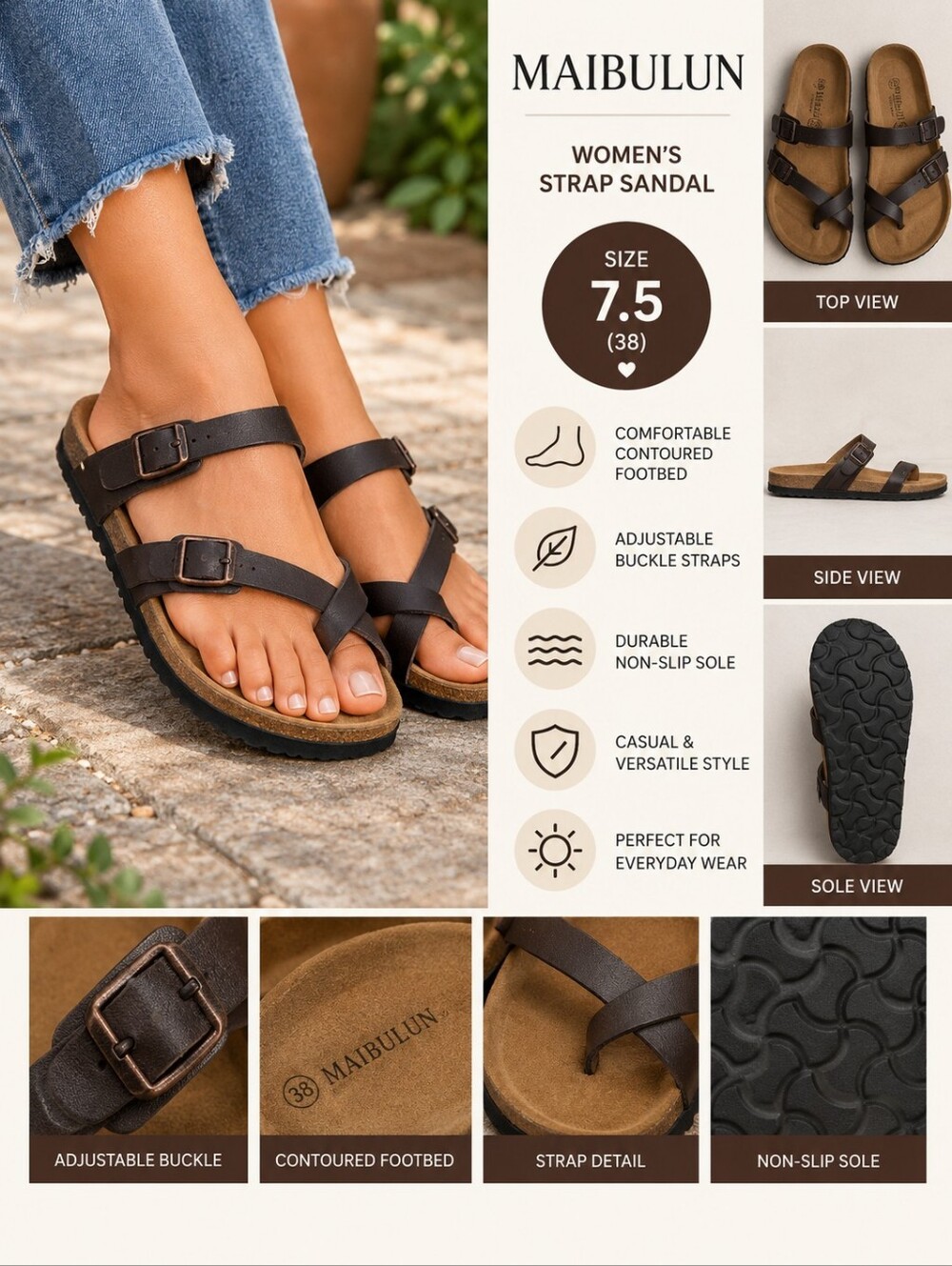Maibulun women's 7.5 brown strap sandal #36